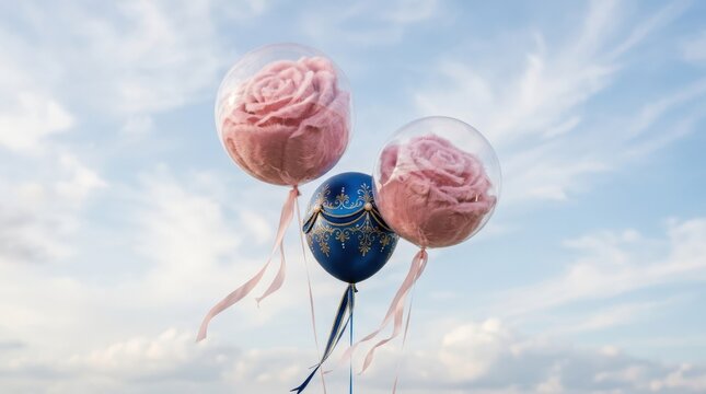 Two transparent balloons with pink rose like fur textures and a deep blue decorative balloon floating against the sky, surreal high end design concept with soft luxury styling, airy light, no logos