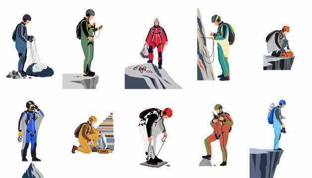 Collection of flat vector illustrations depicting extreme sports athletes preparing for wingsuit flying and BASE jumping from cliff edges.
