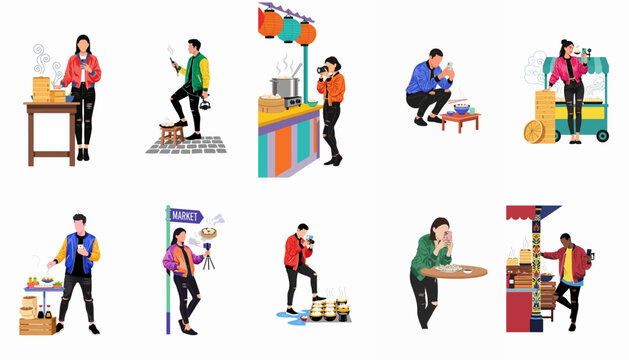 Flat illustration set of young people photographing and vlogging at Asian street food markets with dumplings, bao buns, and colorful market stalls.