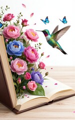 Obraz premium Open book blooms with vibrant flowers hummingbird and butterflies