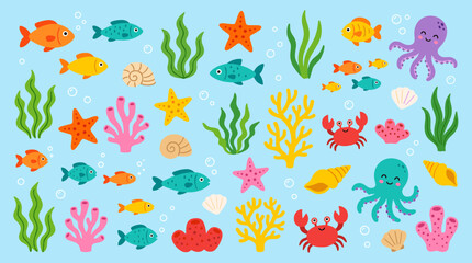 Obraz premium Cute underwater scene with colorful marine life starfish octopus crab coral and fish on a light blue background perfect for children