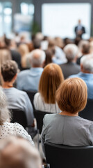 Fototapeta premium Focus Group: Capture the attention of a group of focused individuals in a conference room setting, attending a presentation with a speaker standing in the background. Illustrates learning, networking.