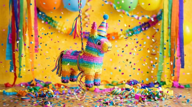 Colorful pi&ntilde;ata with party hat on yellow background, confetti and streamers, festive birthday concept, playful celebration scene, no logos