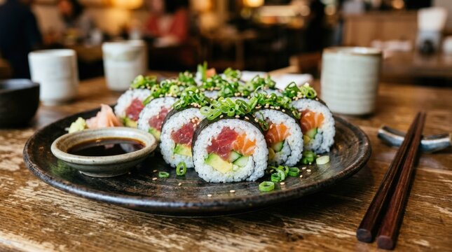 Close-up of delicious maki sushi rolls decorated with green onions, fresh Japanese food, vibrant ingredients and clean plating, no logos