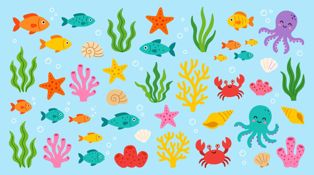 Cute underwater scene with colorful marine life starfish octopus crab coral and fish on a light blue background perfect for children