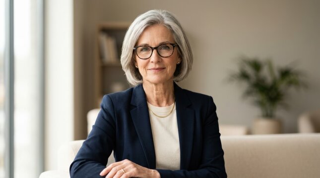 Experienced mature woman with glasses looking confidently at camera, professional portrait, calm expression, clean background, soft flattering light, no logos