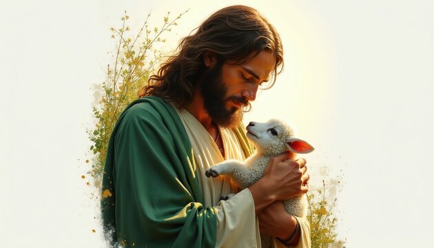 Jesus Christ holds a gentle lamb. Religious figure cradles young sheep in arms. Man with beard and robe shows love and care for innocent animal.