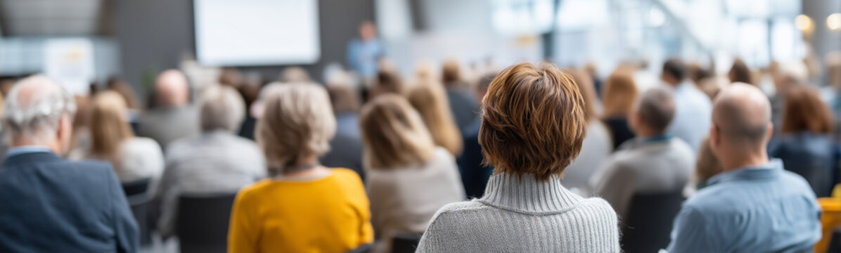Audience Engagement: A crowd of people listen attentively at a conference, seminar or meeting, seated in rows with their backs to the camera.