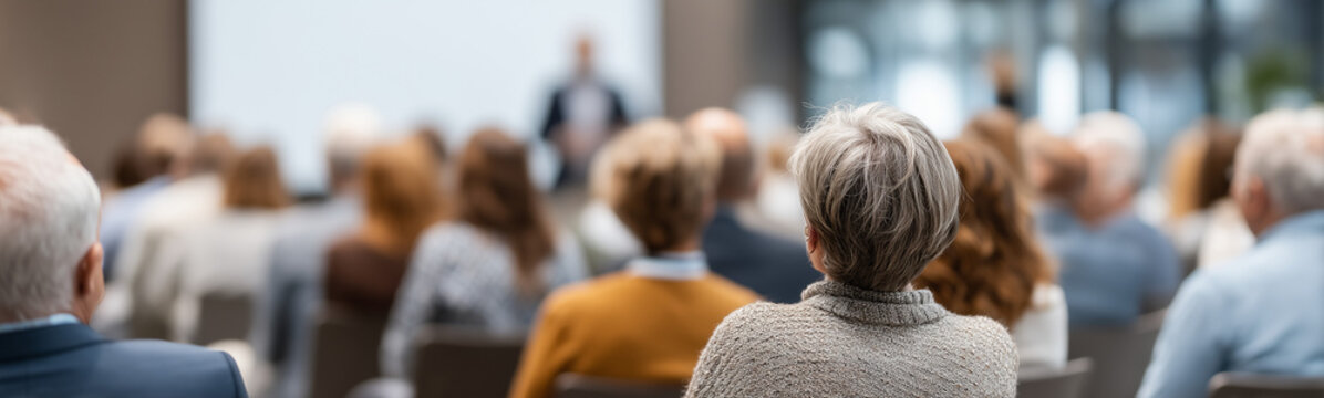 Audience at Business Seminar: A wide shot capturing a large audience intently focused on a presentation, the scene is bustling with the energy of learning and interaction.