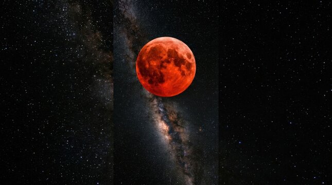 Total lunar eclipse blood moon tall composition, dramatic night sky phenomenon with strong astronomy and science appeal, vivid red moon in vertical framing for celestial event and space searches, dark