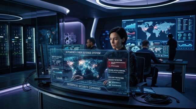 AI-Powered Cyber Defense for Data Protection and Security, enterprise cybersecurity, anomaly detection, secure access, threat intelligence and resilient protection, refined futuristic mood, dark