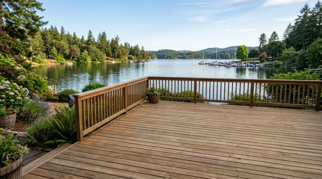 Empty wooden deck with copy space in tranquil lakeside setting, clean product display background for outdoor branding, garden lifestyle, marina leisure and summer barbecue atmosphere, peaceful water