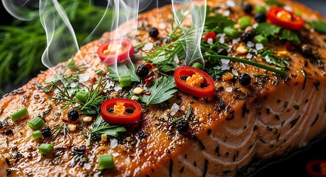 Fresh hot baked bread topped with red chili peppers and green herbs steaming on a rustic wooden table. ryba danie