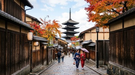 Obraz premium Kyoto city in autumn, scenic destination concept for travel, culture and seasonal tourism campaigns, colorful foliage, traditional urban charm, soft daylight, balanced composition, realistic premium