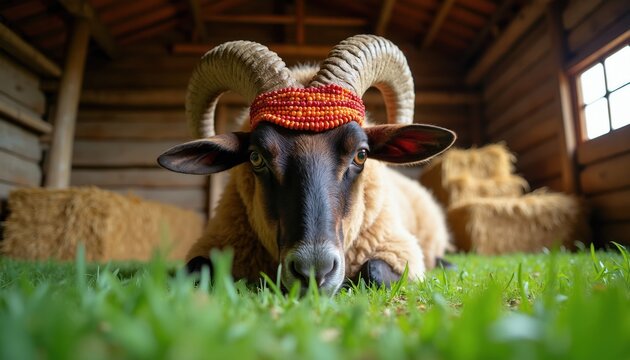 Ram with large curled horns wears colorful beaded headband. Sheep rests on green grass inside wooden barn with hay bales. Animal in domestic farm setting looks at camera.