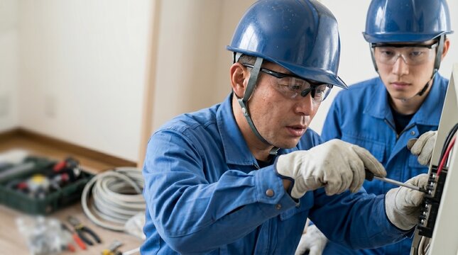 日本人電気工事士の40代と20代の男性が分電盤の結線作業をしている屋内建設現場の様子、床に置かれたケーブルや工具と左側の背景余白