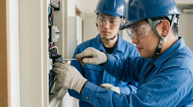 日本人電気工事士の40代と20代の男性が分電盤の配線修理をしている屋内現場の様子、ドライバーを持つ手元のクローズアップと左側の背景余白