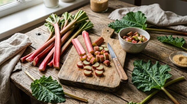 Rhubarb stems and sliced pieces arranged on a wooden background with leaves, fresh organic rhubarb in a food preparation composition with strong commercial appeal for seasonal cooking and healthy