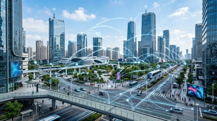 Fototapeta premium Wireless network and connection city, smart urban technology concept, digital infrastructure, data flow and future communication mood, sleek modern city background, natural light, photorealistic, high