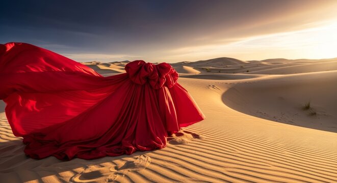 A voluminous crimson gown flows across ripples of sunlit sand dunes under a dramatic sky with deep shadows and cinematic editorial light, luxury, sand, horizon
