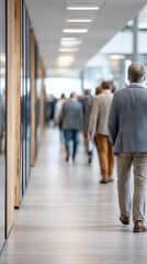 Fototapeta premium Corridor of Commuters: A candid shot of a business environment, capturing the dynamic flow of daily commuting, as professionals and employees journey along a modern office corridor.