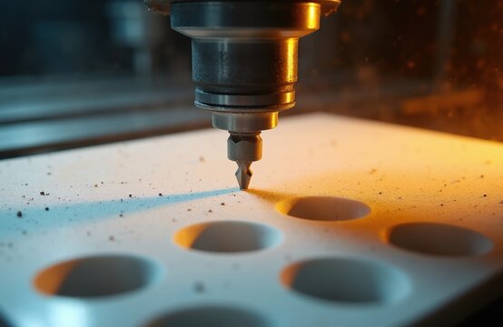 CNC machine bit drills precise circles in white plastic material. Automated manufacturing process creates perfect holes. Industrial precision work with modern tech.