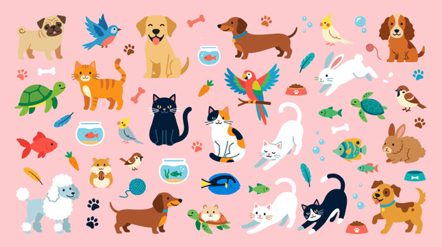 Vibrant collection of various domestic pets and animals, cartoon style, on a pink background, perfect for children's themes and pet care content
