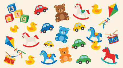 Fototapeta premium Collection of colorful children's toys including teddy bears, rocking horses, cars, rubber ducks, kites, and building blocks on a light background, representing childhood fun and play.