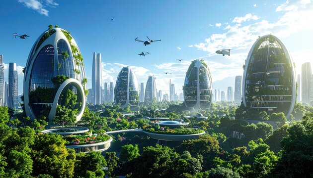 Futuristic cityscape with organic, egg-shaped buildings integrated with lush greenery