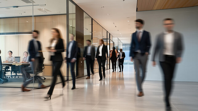Corporate Corridor Dynamics: An office corridor bustles with professionals in motion, suggesting collaboration, progress, and the fast pace of modern work life. 