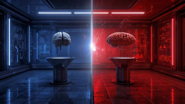 研究室空間で青赤の発光脳が分離される近未来ラボのAIイメージ