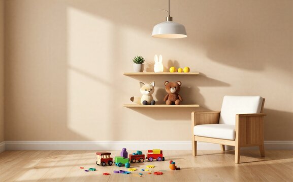 Cozy room with toys stuffed animals and a chair under warm light.