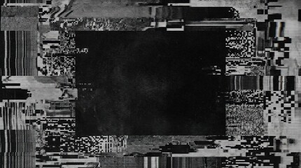 Obraz premium Black and white glitch distortion texture with scanlines, pixel noise and signal corruption, gritty retro tech background for music posters, cyber branding, video overlays and experimental design,