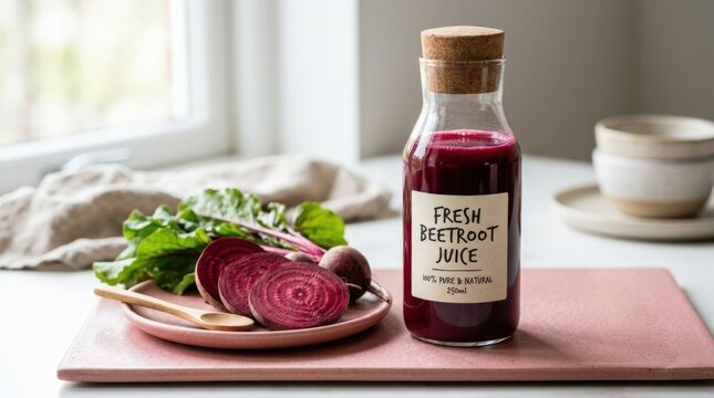 Fresh beetroot juice in bottle with sliced beets on pink background, appetizing food and beverage concept with fresh detail, clean styling and strong commercial stock appeal, soft natural light,