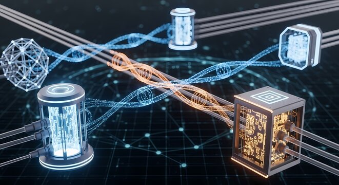 Dynamic abstract visualization of genetic data and quantum computing elements flowing through an intricate digital network, embodying future technology and scientific innovation concepts