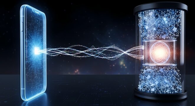 Conceptual image of wireless energy transfer between a smartphone and a high-capacity battery, showcasing future technology and digital power