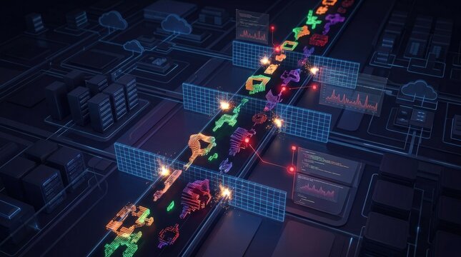 Polymorphic malware cybersecurity concept, shape shifting digital attack visualized as mutating code forms infiltrating an enterprise network, threat detection and resilience focus, dark premium