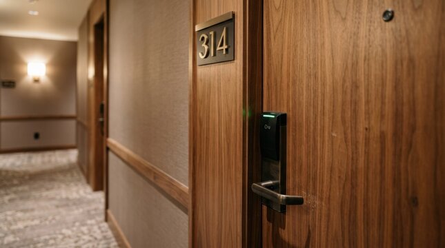 Close-up of wooden hotel door with electronic key and room number, modern hospitality detail with secure access, premium travel atmosphere and strong commercial appeal for accommodation and booking