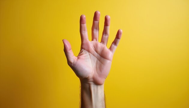 Five fingers spread open. Hand raised against bright yellow background. Simple gesture signifies communication. Human body part isolated. Counting or signal.