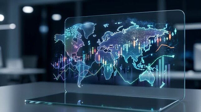Futuristic Holographic World Map Display with Colorful Financial Data Glowing Above a Dark Office Background