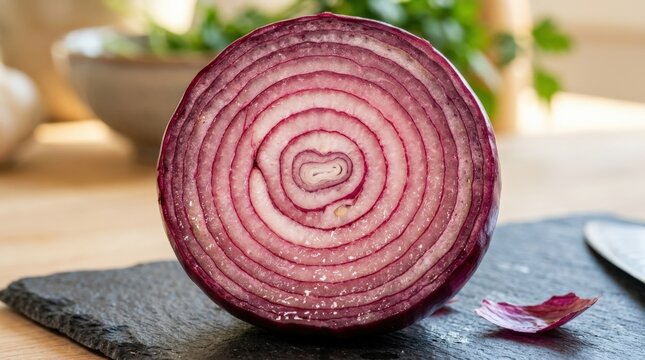 Texture of a dissected red onion close-up, vivid macro food pattern with concentric layers and strong commercial appeal for culinary backgrounds, produce and healthy eating searches, natural light,