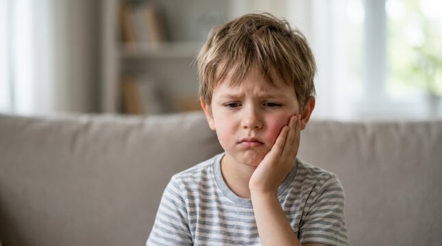 Little boy child with toothache and large swollen cheek emotion, pediatric dental pain concept for healthcare, insurance and family wellness campaigns, expressive portrait, simple background, clear