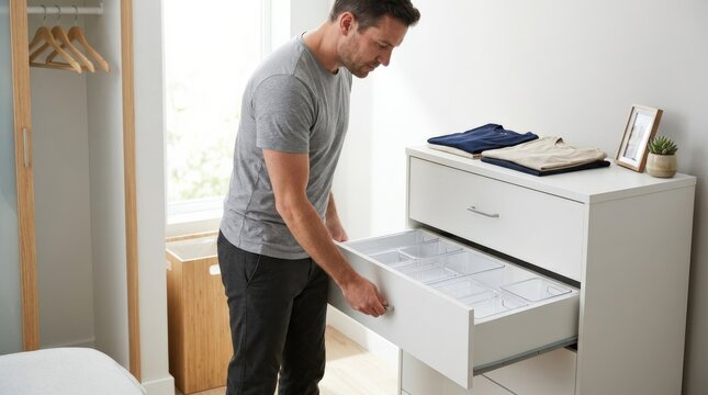 Man opens white dresser drawer with empty organizers to start practical closet decluttering and create simple daily storage routine, practical home or renovation concept, clean commercial styling,