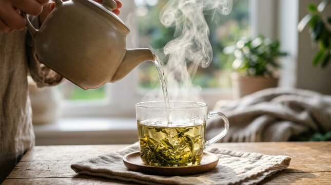 Hot water is poured into a transparent glass cup with green tea leaves, steam rising and capturing freshness and morning tranquility, wellness drink concept for tea branding, cozy ritual and mindful