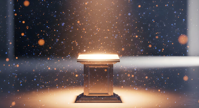 Golden podium with glowing lights in a dark stage background isolated on white background