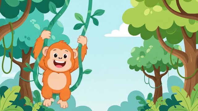 A happy cartoon monkey swings playfully from a vine in a lush green jungle with bright blue sky