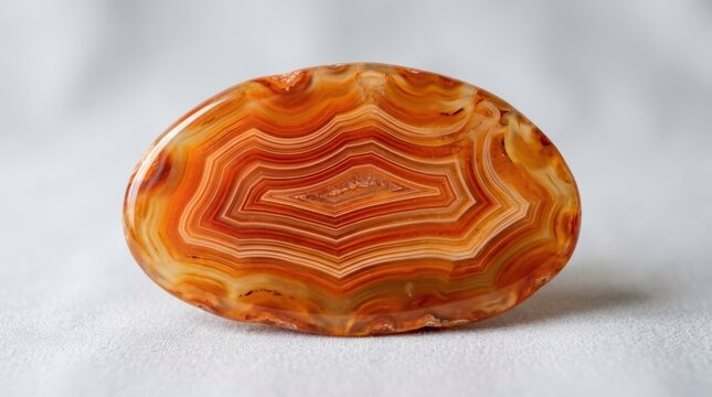 Polished banded carnelian agate detail, warm gemstone macro with layered orange bands, mineral texture for crystal, jewelry and geology themes on a clean background, soft studio light, sharp focus,