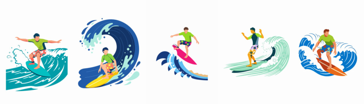 Set of flat vector illustrations featuring male surfers riding ocean waves on colorful surfboards, perfect for summer sports and beach themes.