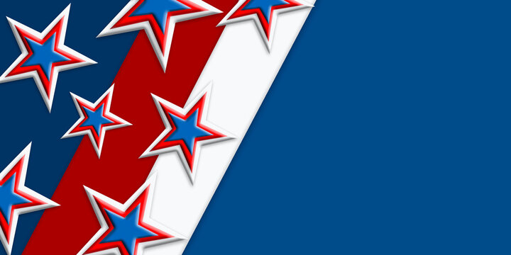 USA patriotic background with stars and stripes, red blue white American banner, 4th of July design, Independence Day template with copy space 