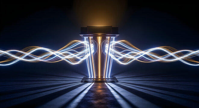 Abstract electrical energy discharge with glowing light beams isolated on white background